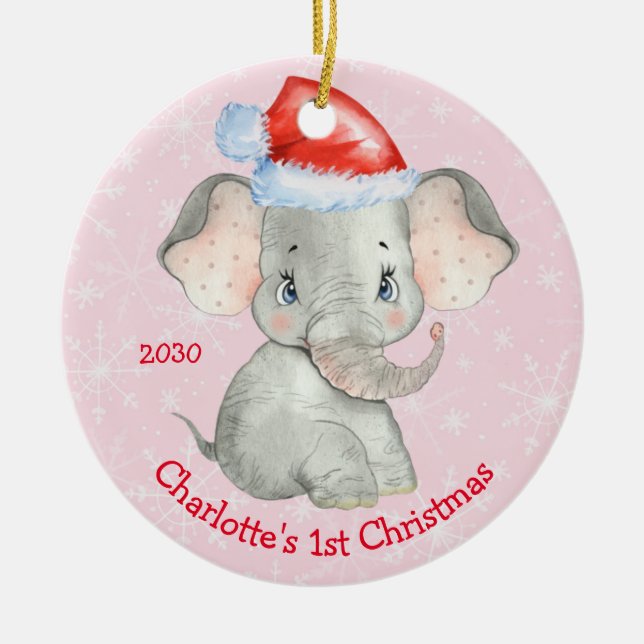Personalisiert Elephant 1. Weihnachtsmädchen Pink Keramik Ornament (Vorne)