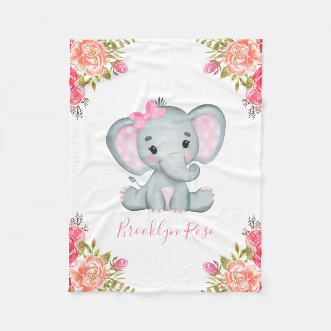 Personalisiert Elephant Floral Baby Girl Fleecedecke (Vorderseite)