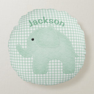 Personalisiert Elephant Green Kariert Gingham Kind Rundes Kissen