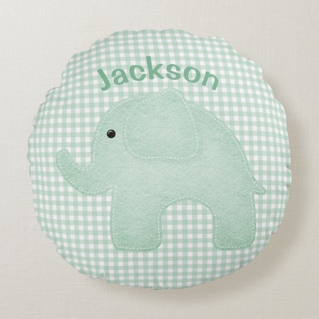Personalisiert Elephant Green Kariert Gingham Kind Rundes Kissen (Vorderseite)