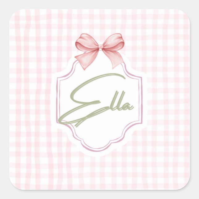 Personalisiert Ella Baby Girl Kinderzimmer Bow&Gin Quadratischer Aufkleber (Vorderseite)