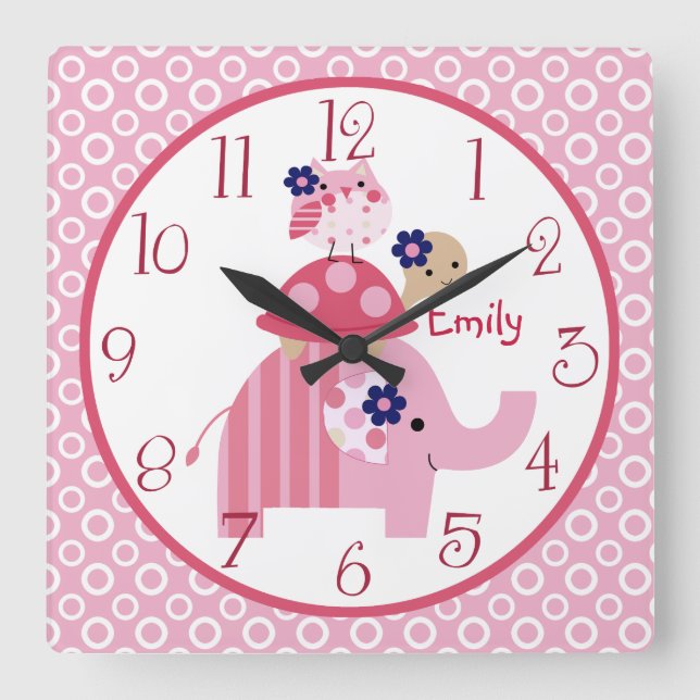 Personalisiert Ellie/Ella Elephant Stacks Clock Quadratische Wanduhr (Vorderseite)