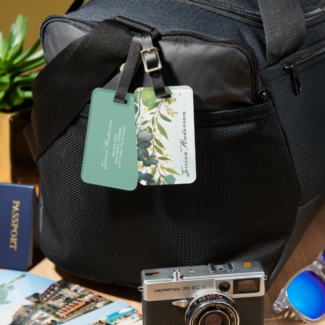 Personalisiert Eukalyptus Greenery Gold Gepäckanhänger (Vorderseite & Rückseite)