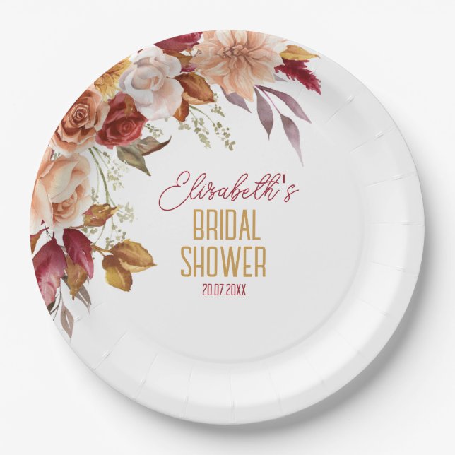 Personalisiert Fall Boho Floral Brautparty Pappteller (Vorderseite)