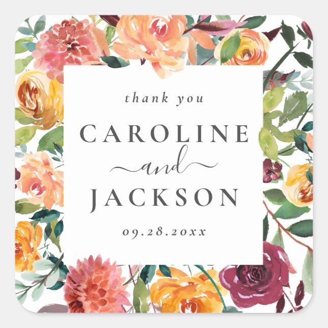Personalisiert Fall Floral Vielen Dank Quadratischer Aufkleber (Vorderseite)