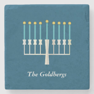 Personalisiert Familienname Hanukkah Menorah Blue Steinuntersetzer