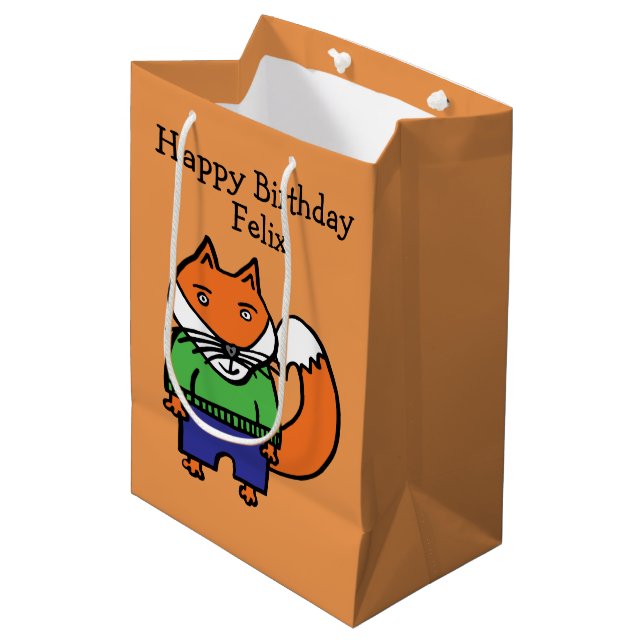Personalisiert Felix der Fox Happy Birthday Mittlere Geschenktüte (Vorderseite Schrägansicht)