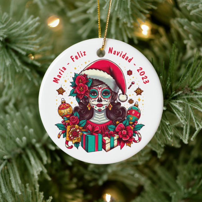 Personalisiert Feliz Navidad De Los Muertos Keramik Ornament (Baum)