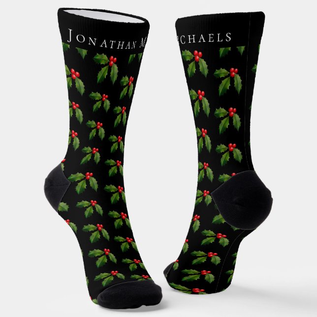 Personalisiert Festivals Holly Berry Black Holiday Socken (Gewinkelt)