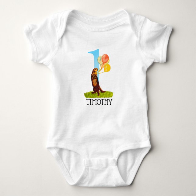 Personalisiert First Birthday Otter Boy Baby Strampler (Vorderseite)