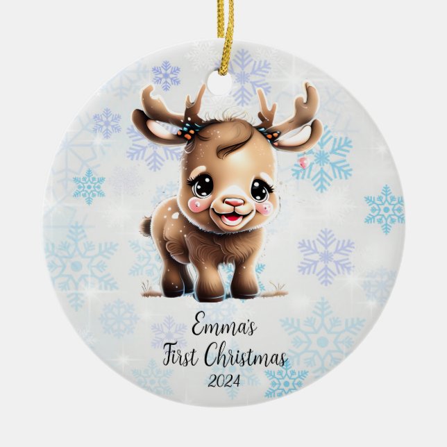 Personalisiert First Christmas Baby Rentier Keramik Ornament (Vorne)