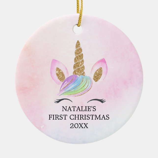 Personalisiert First Christmas Girl Unicorn Glitze Keramik Ornament (Vorne)