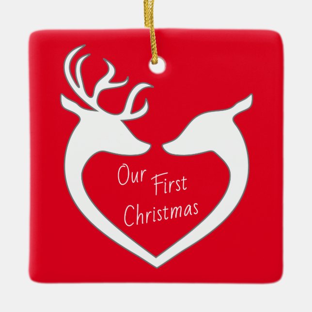 Personalisiert First Christmas Rentier Couple Red Keramikornament (Vorderseite)