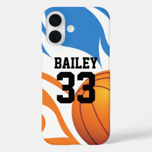 Personalisiert Flaming Basketball Blau und Orange iPhone 16 Hülle