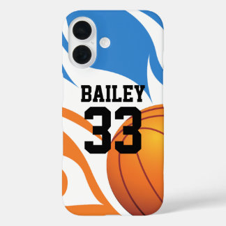 Personalisiert Flaming Basketball Blau und Orange iPhone 16 Hülle