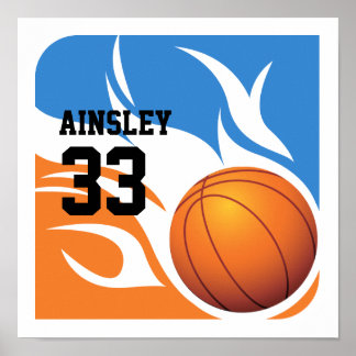 Personalisiert Flaming Basketball Blau und Orange Poster