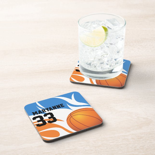 Personalisiert Flaming Basketball Blau und Orange Untersetzer (Rechte Seite)