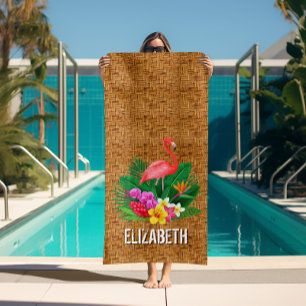 Personalisiert Flamingo Floral Wicker Print Strandtuch
