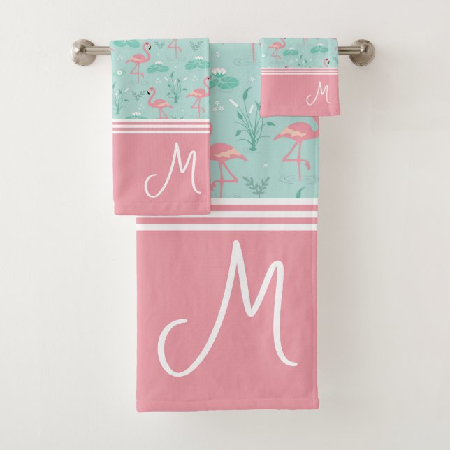 Personalisiert Flamingo Gift Monogram Badhandtuch Set (Insitu)