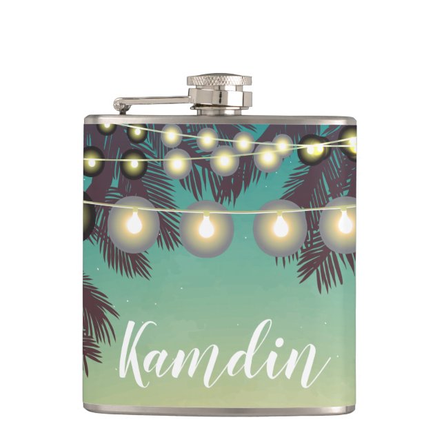 Personalisiert Flask Beach Sunset Palm Tree String Flachmann (Vorderseite)