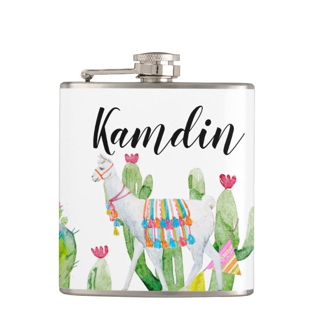 Personalisiert Flask Boho Llama Bohemisch Cacti De Flachmann (Vorderseite)