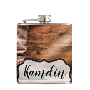 Personalisiert Flask Cowboy Boots Barn Wood Rustic Flachmann