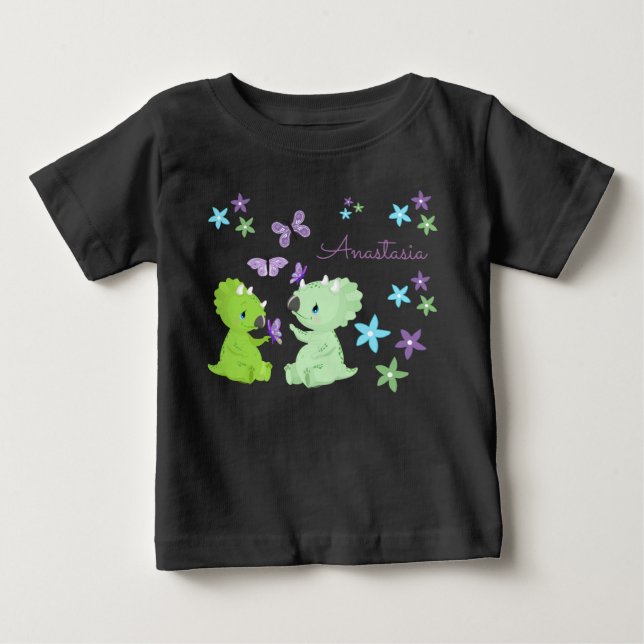 Personalisiert Floral Baby Dinosaurier & Friend T-shirt (Vorderseite)