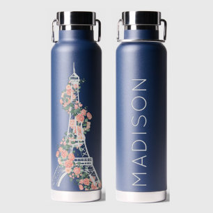 Personalisiert Floral Paris Eiffel Tower Navy Blue Trinkflasche