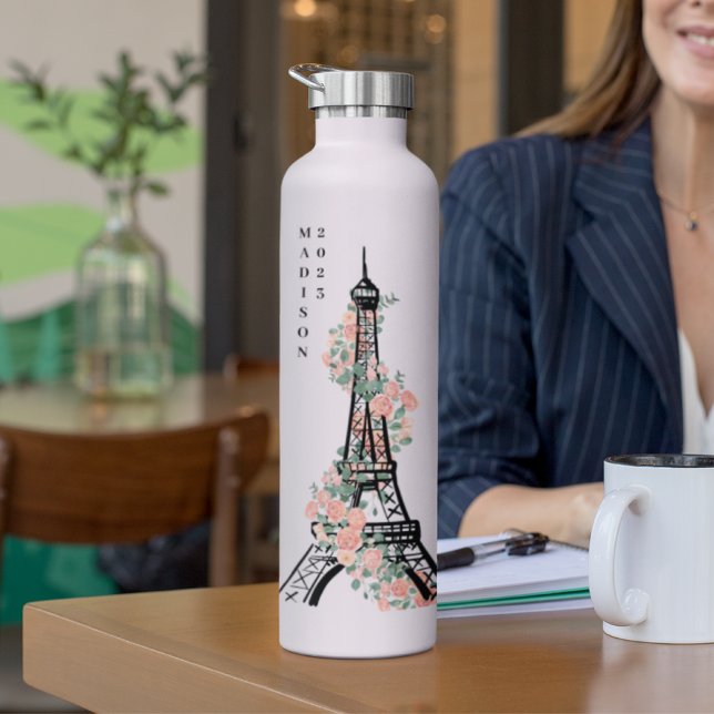 Personalisiert Floral Paris Eiffel Tower White Trinkflasche (Von Creator hochgeladen)