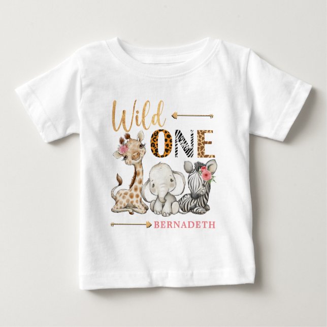 Personalisiert Floral WILD ONE Safari Erster Gebur Baby T-shirt (Vorderseite)