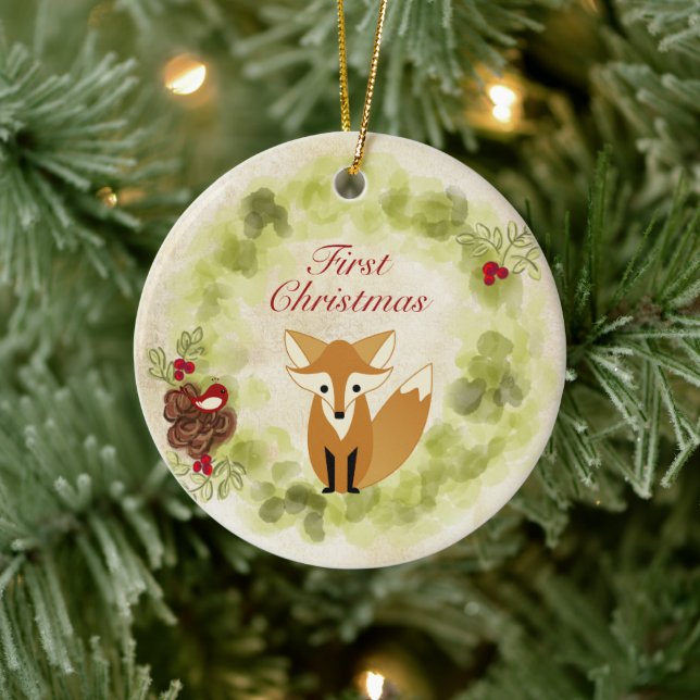 Personalisiert Fox and Wreath Baby's First Christm Keramikornament (Baum)