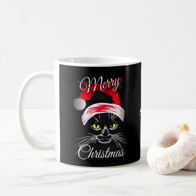 Personalisiert frohe Weihnachten Angry Black Cat Kaffeetasse (Mit Donut)
