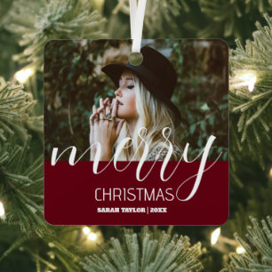 Personalisiert Frohe Weihnachten Foto Burgundy Nam Ornament Aus Metall