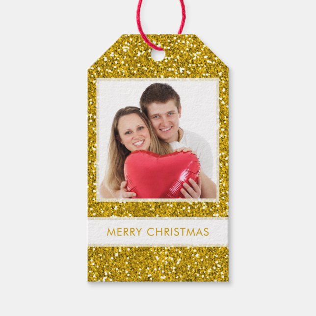 Personalisiert Frohe Weihnachten Foto Gold Glitzer Geschenkanhänger (Vorderseite)