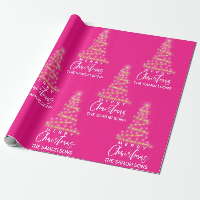 Personalisiert frohe Weihnachten Gold Tree Pink Geschenkpapier (Ungerollt)