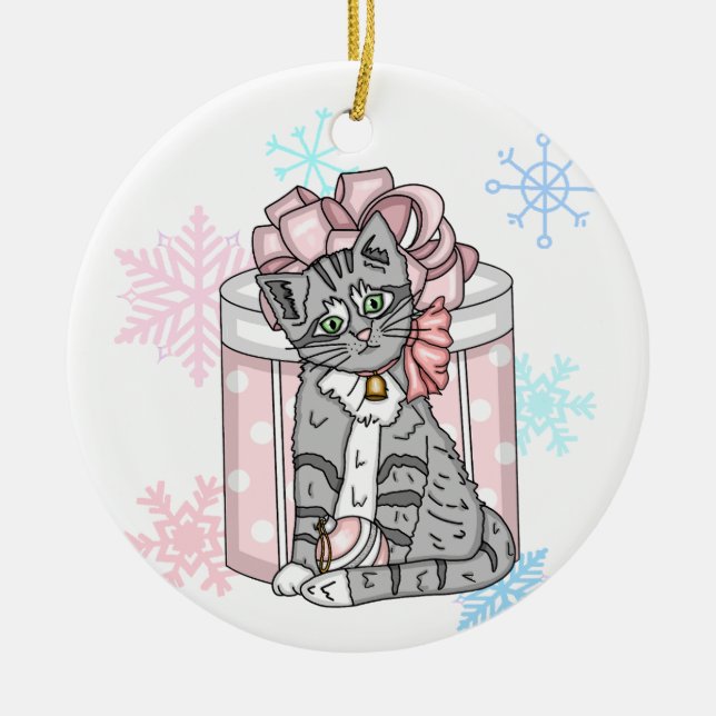 Personalisiert Frohe Weihnachten Gray Kitten Pink  Keramik Ornament (Vorne)