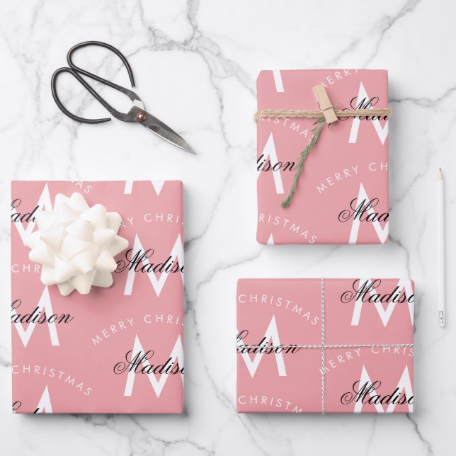 Personalisiert Frohe Weihnachten Rosa Monogramm Geschenkpapier Set (Vorderseite)