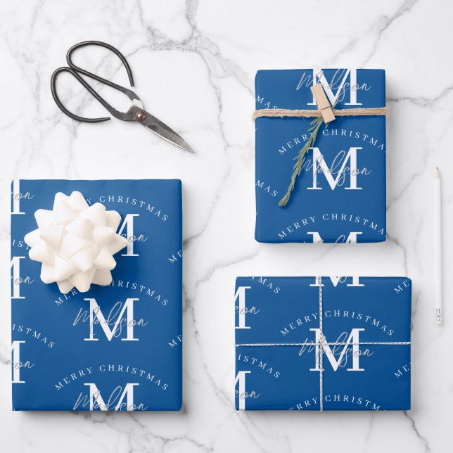Personalisiert Frohe Weihnachts-Blue-White-Monogra Geschenkpapier Set (Vorderseite)