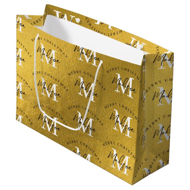 Personalisiert Frohe Weihnachts-Gold-Foil-Monogram Große Geschenktüte (Vorderseite Schrägansicht)