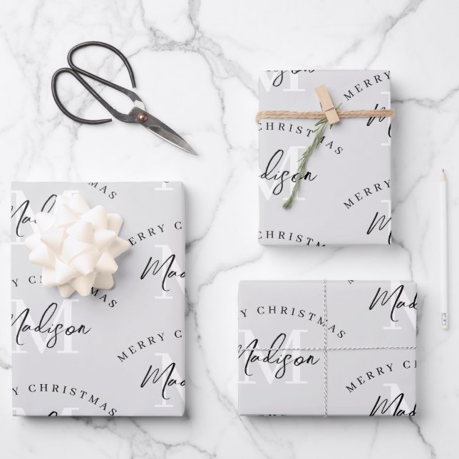Personalisiert Frohe Weihnachts-Grau-Monogramm Geschenkpapier Set (Vorderseite)