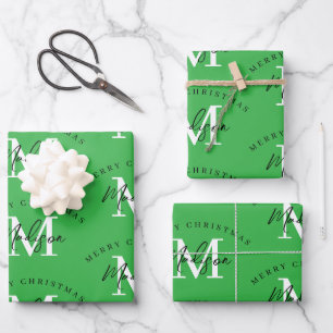 Personalisiert Frohe Weihnachts-Grüne Monogramm Geschenkpapier Set