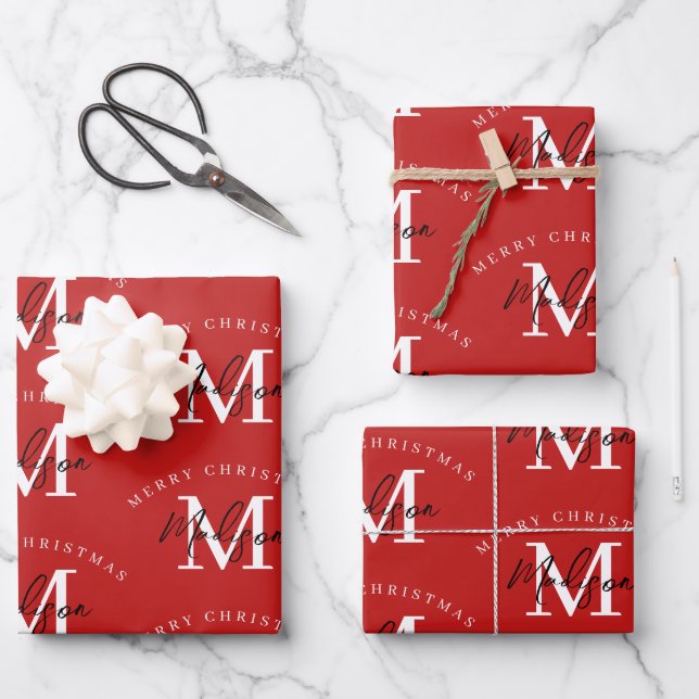 Personalisiert Frohe Weihnachts-Rote Monogramm Geschenkpapier Set (Vorderseite)