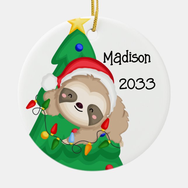 Personalisiert Frohe Weihnachts-Sloth-Tree Keramik Ornament (Vorne)