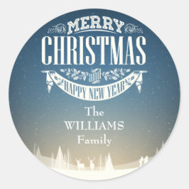 Personalisiert frohe Weihnachts-Winterschneeszene Runder Aufkleber