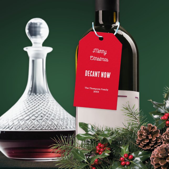 Personalisiert frohe Weihnachtsdekant jetzt Roter  Geschenkanhänger (An elegant personalized label for Christmas with 'Decant Now' and Merry Christmas' words on red)