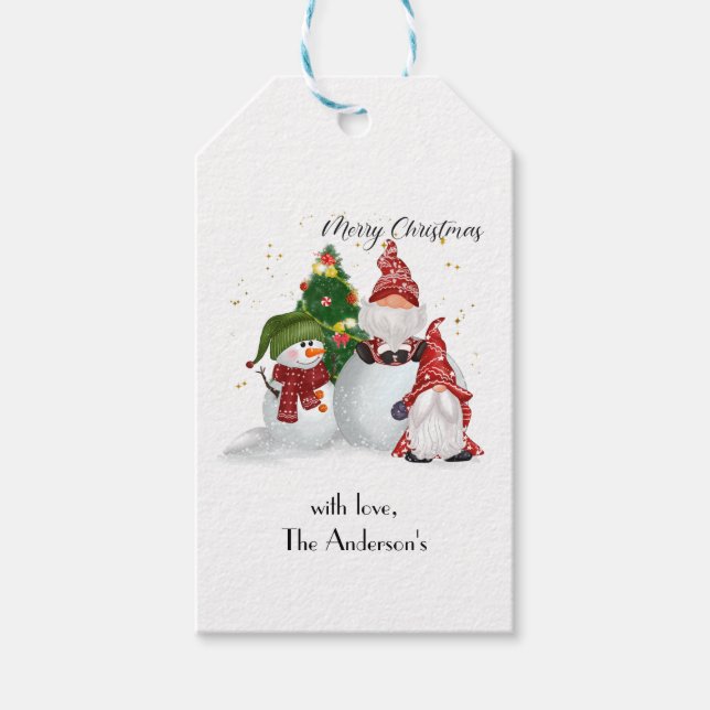 Personalisiert frohe Weihnachtsgnomes Snowmen Geschenkanhänger (Vorderseite)