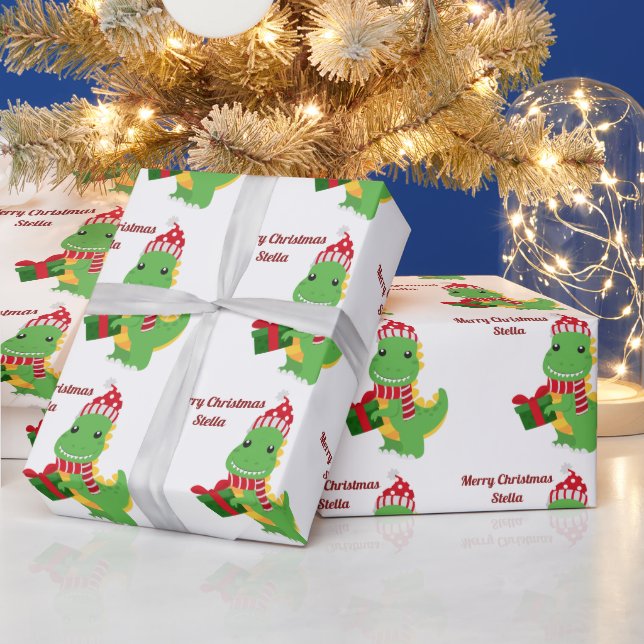 Personalisiert Frohe Weihnachtsname Dinosaur Geschenkpapier (Feiertage)