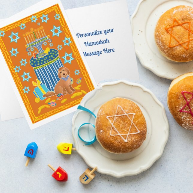Personalisiert Funny Doodle Dog Tan Dog Hanukkah Karte (Happy funny Doodle Dog on this card!)