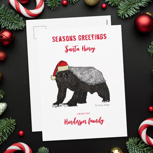 Personalisiert Funny Honey Badger Santa Feiertagspostkarte (Personalized funny honey Badger Santa family name holiday greetings flat card badass christmas anima)