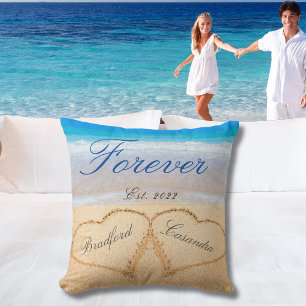 Personalisiert für immer Herzen im Sand Hochzeit Kissen
